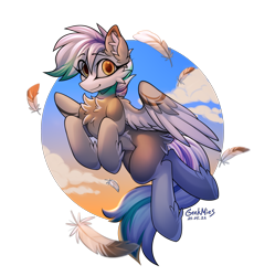 Size: 2328x2529 | Tagged: safe, artist:gicme, imported from derpibooru, oc, oc only, unnamed oc, pegasus, pony, cloud, eye clipping through hair, eyebrows, eyebrows visible through hair, feather, flying, high res, looking at you, male, pegasus oc, signature, simple background, sky, smiling, smiling at you, solo, spread wings, stallion, sunset, transparent background, wings