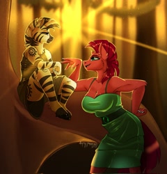 Size: 1965x2048 | Tagged: safe, artist:unfinishedheckery, imported from derpibooru, tempest shadow, zecora, anthro, unguligrade anthro, unicorn, zebra, bedroom eyes, breasts, broken horn, busty tempest shadow, clothes, digital art, dress, duo, duo female, female, hand on hip, horn, looking at each other, looking at someone, open mouth, pointing, sitting, size difference, swamp, tail, thighs, tree