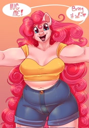 Size: 1434x2048 | Tagged: safe, artist:unfinishedheckery, imported from derpibooru, pinkie pie, anthro, earth pony, arms wide open, breasts, busty pinkie pie, chubby, clothes, dialogue, digital art, female, hug request, looking at you, offscreen character, open mouth, open smile, plump, pov, shirt, shorts, simple background, smiling, solo, speech bubble, tail, talking, text, thighs
