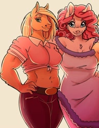 Size: 648x837 | Tagged: safe, alternate version, artist:unfinishedheckery, imported from derpibooru, applejack, pinkie pie, anthro, earth pony, bedroom eyes, breasts, close-up, clothes, digital art, dress, duo, duo female, female, hand on hip, hoers, looking at you, pants, shirt, simple background, tail, thighs