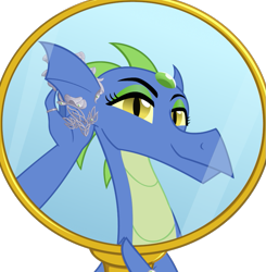 Size: 767x784 | Tagged: safe, artist:queencold, imported from derpibooru, oc, oc only, oc:frazzle, dragon, dragon oc, dragoness, female, jewelry, mirror, simple background, solo, teenaged dragon, transparent background