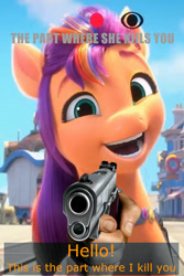 Size: 684x1024 | Tagged: safe, edit, edited screencap, imported from derpibooru, screencap, sunny starscout, earth pony, pony, spoiler:g5, spoiler:my little pony: make your mark, exploitable meme, female, g5, gun, livestream, mare, meme, my little pony: make your mark, my little pony: make your mark chapter 1, nightmare fuel, portal (valve), portal 2, weapon