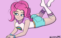 Size: 1280x800 | Tagged: safe, artist:lukamelmc, imported from derpibooru, pinkie pie, human, equestria girls, ass, balloonbutt, blushing, butt, clothes, human coloration, lying down, messy hair, messy mane, missing shoes, prone, shorts, socks, solo, stocking feet, the pose, wristband