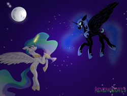 Size: 2256x1696 | Tagged: safe, artist:revenge.cats, imported from derpibooru, nightmare moon, princess celestia, alicorn, pony, angry, armor, fangs, fight, flying, magic, magic aura, moon, scowl, space, stars