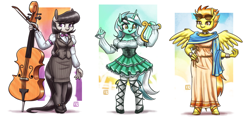 Size: 3320x1600 | Tagged: safe, artist:king-kakapo, imported from derpibooru, lyra heartstrings, octavia melody, spitfire, anthro, earth pony, pegasus, unguligrade anthro, unicorn, abstract background, blouse, bow (instrument), cello, cello bow, clothes, dirndl, dress, female, high res, lyre, musical instrument, skirt, spread wings, trio, trio female, wings