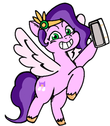 Size: 365x421 | Tagged: artist needed, source needed, safe, imported from derpibooru, pipp petals, pegasus, pony, cute, female, g5, hoof hold, my little pony: tell your tale, phone, simple background, solo, white background