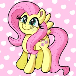 Size: 1500x1500 | Tagged: safe, artist:daisydewdles, imported from derpibooru, fluttershy, pegasus, pony, cute, daaaaaaaaaaaw, heart, heart background, obtrusive watermark, pink background, plushie, shyabetes, simple background, solo, watermark