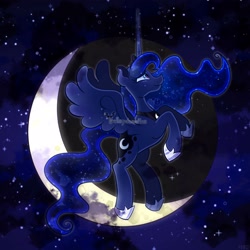 Size: 3000x3000 | Tagged: safe, artist:daisydewdles, imported from derpibooru, princess luna, alicorn, pony, crescent moon, female, horn, mare, moon, night, night sky, obtrusive watermark, sky, solo, watermark, wings