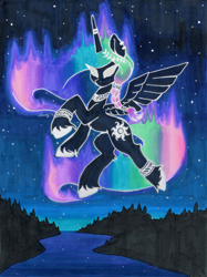 Size: 2682x3590 | Tagged: safe, artist:dandy, imported from derpibooru, princess celestia, alicorn, pony, aurora borealis, copic, ear piercing, flying, glowing, glowing eyes, horn, horn ring, jewelry, marker drawing, necklace, night, piercing, ring, solo, stars, traditional art, unshorn fetlocks, wings