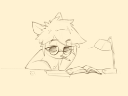 Size: 2732x2048 | Tagged: safe, artist:blue ink, imported from derpibooru, pony, book, glasses, lamp, monochrome, mouth hold, pencil, simple background, solo