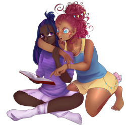 Size: 4000x4000 | Tagged: safe, artist:altarichiru, imported from derpibooru, pinkie pie, twilight sparkle, human, alternate hairstyle, barefoot, blushing, book, bracelet, clothes, dark skin, duo, eyeshadow, feet, female, glasses, hair bun, hug, humanized, jewelry, lesbian, makeup, nail polish, necklace, open mouth, reading, shipping, shirt, shorts, simple background, skirt, socks, stocking feet, tanktop, transparent background, twinkie