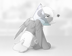 Size: 2947x2288 | Tagged: safe, artist:edrian, imported from derpibooru, oc, oc only, oc:naveen numbers, pegasus, pony, abstract background, adult foal, annoyed, butt, diaper, diaper fetish, elizabethan collar, female, fetish, floppy ears, frown, high res, lidded eyes, mare, non-baby in diaper, pegasus oc, plot, sitting, solo, wings