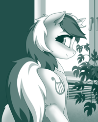 Size: 800x1000 | Tagged: safe, artist:rainbow, derpibooru exclusive, imported from derpibooru, lyra heartstrings, pony, unicorn, air conditioner, blushing, butt, female, flower, looking at you, looking back, looking back at you, lyra hindstrings, mare, monstera, plot, solo, strategically covered, window, windowsill