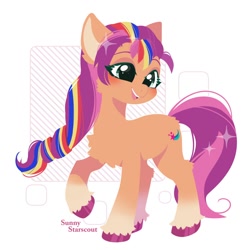 Size: 1000x1000 | Tagged: safe, artist:snow angel, imported from derpibooru, sunny starscout, earth pony, pony, blushing, chest fluff, cute, ear fluff, female, g5, leg fluff, mane stripe sunny, mare, my little pony: make your mark, open mouth, solo, sunnybetes