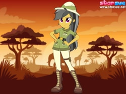 Size: 1440x1080 | Tagged: safe, artist:limedazzle, artist:starsue, edit, imported from derpibooru, vector edit, daring do, bird, elephant, flamingo, giraffe, human, equestria girls, africa, boots, clothes, cloud, fanfic art, female, hand on hip, hat, pith helmet, safari, shoes, show accurate, smiling, solo, starsue, sunset, tree, uniform, vector