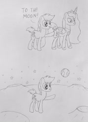 Size: 1500x2100 | Tagged: safe, artist:datspaniard, imported from derpibooru, princess luna, oc, oc:golden liberty, alicorn, earth pony, pony, bits, monochrome, moon, scrunchy face, space, stars, traditional art