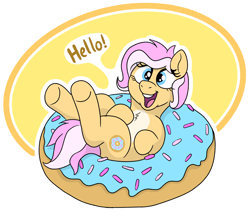 Size: 2200x1915 | Tagged: safe, artist:doodledonutart, imported from derpibooru, oc, oc only, oc:doodledonut, earth pony, pony, cute, dialogue, donut, female, food, mare, ocbetes, open mouth, open smile, smiling, solo