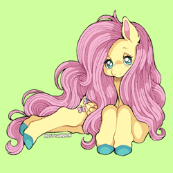 Size: 2000x2000 | Tagged: safe, artist:hollythehuman, imported from derpibooru, fluttershy, pegasus, pony, blushing, colored hooves, female, folded wings, green background, high res, looking at you, lying down, mare, prone, simple background, solo, wings