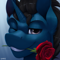 Size: 3000x3000 | Tagged: safe, artist:st4rs6, imported from derpibooru, oc, oc only, oc:slashing prices, pony, unicorn, bust, commission, cowlick, flower, flower in mouth, grin, high res, horn, looking at you, male, mouth hold, one eye closed, portrait, rose, smiling, solo, stallion, unicorn oc, watermark, wink, winking at you