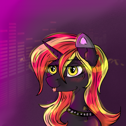 Size: 3000x3000 | Tagged: safe, artist:sunrise pegasus, imported from derpibooru, oc, oc:java, pony, unicorn, blushing, bust, cat ears, collar, female, portrait, simple background, tongue out