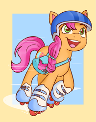 Size: 659x841 | Tagged: safe, artist:cookieboy011, imported from derpibooru, sunny starscout, earth pony, pony, bag, cute, female, g5, happy, helmet, mare, open mouth, open smile, roller skates, saddle bag, smiling, solo, sunnybetes