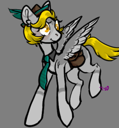 Size: 747x803 | Tagged: safe, artist:tyotheartist1, imported from derpibooru, derpy hooves, pegasus, pony, alternate design, bag, colored pupils, derp, female, gray background, hat, mare, necktie, simple background, solo