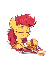 Size: 1532x1960 | Tagged: safe, artist:fanzeem, imported from derpibooru, apple bloom, earth pony, pony, adorabloom, blueberry, breakfast, cute, dishevelled, eyes closed, female, filly, foal, food, herbivore, juice, messy mane, morning ponies, orange juice, sleepy, smiling, solo, strawberry, syrup, unshorn fetlocks, waffle, whipped cream