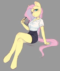 Size: 914x1073 | Tagged: safe, artist:melodylibris, imported from derpibooru, fluttershy, anthro, pegasus, unguligrade anthro, blushing, breasts, businessmare, busty fluttershy, clothes, crossed legs, female, glasses, glasses off, gray background, hooves, looking at you, mare, office lady, pencil skirt, shirt, short shirt, simple background, sitting, skirt, solo