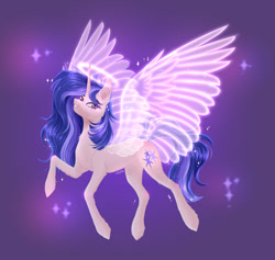 Size: 1024x969 | Tagged: safe, artist:gloriaartist, imported from derpibooru, oc, pony, unicorn, artificial wings, augmented, female, halo, magic, magic wings, mare, offspring, parent:flash sentry, parent:twilight sparkle, parents:flashlight, solo, wings