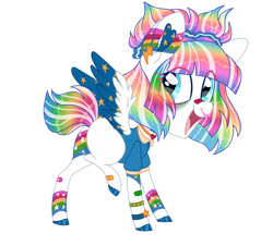 Size: 1280x1158 | Tagged: safe, artist:moonert, imported from derpibooru, oc, oc only, oc:moxie, pegasus, pony, :d, clothes, colored wings, commission, eyelashes, female, hoof polish, mare, multicolored hair, open mouth, open smile, pegasus oc, rainbow hair, simple background, smiling, solo, starry wings, transparent background, two toned wings, wings, ych result