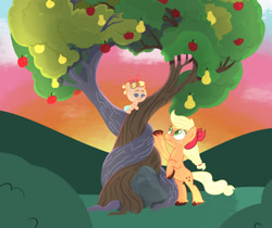 Size: 1024x861 | Tagged: safe, artist:victoriaisme1, imported from derpibooru, applejack, oc, oc:butter cup, earth pony, pony, apple, apple tree, baby, baby pony, bipedal, duo, female, filly, foal, freckles, intertwined trees, offspring, parent:applejack, parent:rockhoof, parents:rockjack, pear tree, sunset, tree, unshorn fetlocks, wavy mouth