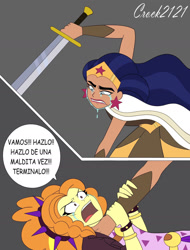 Size: 1280x1682 | Tagged: safe, artist:crock2121, imported from derpibooru, adagio dazzle, human, equestria girls, amazon, amazonian, comic, crossover, crying, dc comics, dc superhero girls, diana prince, duo, duo female, female, scythian, simple background, sword, this will end in death, weapon, wonder woman