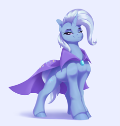 Size: 3091x3254 | Tagged: safe, artist:aquaticvibes, imported from derpibooru, trixie, pony, unicorn, brooch, cape, clothes, eyebrows, female, high res, jewelry, lidded eyes, looking at you, mare, shadow, simple background, smiling, smiling at you, solo, trixie's brooch, trixie's cape, white background