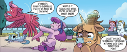 Size: 1304x530 | Tagged: safe, idw, imported from derpibooru, earth pony, pegasus, pony, unicorn, spoiler:comic, spoiler:g5, spoiler:g5comic, spoiler:g5comic01, azurite, cellphone, comb, copper charm, crying, female, fuchsia orchard, g5, male, marasca, mare, my little pony: a new generation, official, phone, smartphone, stallion, thistle tea, winter wing