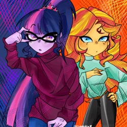 Size: 1024x1024 | Tagged: safe, artist:mufnhedmia, imported from derpibooru, sci-twi, sunset shimmer, twilight sparkle, human, equestria girls, belt, clothes, female, glasses, hand on hip, looking at you, pants, ponytail, raised eyebrow, sweater