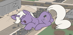 Size: 2356x1140 | Tagged: safe, artist:rapidstrike, imported from derpibooru, oc, oc:drawbridge, pony, unicorn, building, bus, car, drool, eyes closed, giant pony, horn, loss (meme), macro, male, onomatopoeia, open mouth, sleeping, snoring, sound effects, stallion, street, unicorn oc, vehicle, zzz