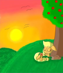 Size: 850x981 | Tagged: safe, artist:silver meadow, imported from derpibooru, applejack, earth pony, pony, apple, apple tree, female, sleeping, solo, sunset, tree