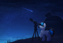 Size: 3396x2318 | Tagged: safe, artist:darkmaxxie, imported from derpibooru, oc, oc only, oc:solar gizmo, pony, unicorn, horn, night, observatory, raised hoof, shooting star, solo, space, telescope, unicorn oc