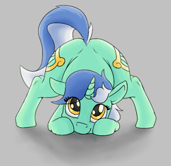 Size: 893x867 | Tagged: safe, artist:firecracker, imported from derpibooru, lyra heartstrings, pony, unicorn, aggie.io, both cutie marks, butt, face down ass up, female, looking at you, looking up, mare, plot, ponybooru import, simple background, smiling