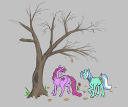 Size: 490x411 | Tagged: safe, artist:firecracker, imported from derpibooru, berry punch, berryshine, lyra heartstrings, earth pony, pony, unicorn, aggie.io, autumn, butt, dock, female, mare, plot, ponybooru import, raised hoof, raised leg, simple background, tail, tree, whiskers