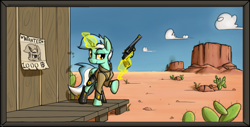 Size: 1149x585 | Tagged: safe, artist:firecracker, imported from derpibooru, lyra heartstrings, pony, unicorn, aggie.io, cactus, clothes, desert, female, gun, handgun, magic, mare, mesa, ponybooru import, raised hoof, raised leg, red dead redemption, red dead redemption 2, revolver, simple background, smiling, wanted poster, weapon, western, wild west