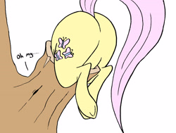 Size: 3778x2852 | Tagged: safe, artist:dynamo1940, imported from derpibooru, fluttershy, pegasus, pony, butt, buttstuck, female, flutterbutt, mare, oh my, plot, simple background, solo, stuck, stuck between trees