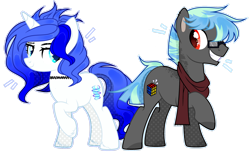 Size: 1920x1182 | Tagged: safe, artist:toffeelavender, imported from derpibooru, oc, oc only, pony, unicorn, base used, choker, clothes, duo, female, glasses, grin, horn, male, mare, scarf, simple background, smiling, stallion, transparent background, unicorn oc