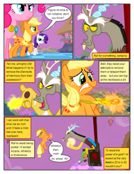 Size: 612x792 | Tagged: safe, edit, edited screencap, imported from derpibooru, screencap, applejack, discord, pinkie pie, rarity, draconequus, earth pony, pegasus, pony, unicorn, comic:friendship is dragons, comic, dialogue, element of generosity, element of honesty, element of laughter, female, freckles, frown, glowing hands, magic, male, mare, outdoors, screencap comic, sitting, smiling, smirk, telekinesis, throne