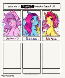 Size: 1715x2048 | Tagged: safe, artist:mscolorsplash, imported from derpibooru, apple spice, skywishes, thistle whistle, earth pony, pegasus, pony, six fanarts, female, g3, grin, mare, smiling, wip