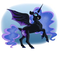 Size: 1200x1200 | Tagged: safe, artist:cocadoodles1, imported from derpibooru, nightmare moon, alicorn, pony, doodle, female, horn, hybrid wings, mare, rearing, simple background, solo, wings