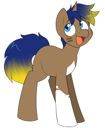 Size: 1504x1832 | Tagged: safe, artist:2k.bugbytes, imported from ponybooru, oc, oc only, oc:halftone, pony, unicorn, blank flank, brown coat, coat markings, colt, face markings, gradient mane, horn, male, offspring, open mouth, parent:oc:acres, parent:oc:flash reboot, ponybooru collab 2022, simple background, socks (coat marking), solo, teenager, transparent background, two toned mane, unicorn oc