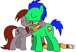 Size: 1338x922 | Tagged: safe, artist:parclytaxel, derpibooru exclusive, edit, editor:flynnmlp, imported from derpibooru, oc, oc only, oc:doc anubis, oc:funny jo, earth pony, pegasus, pony, slice of life (episode), .svg available, absurd resolution, clothes, eyes closed, female, fourth doctor's scarf, hug, male, mare, recolor, scarf, shipping fuel, simple background, stallion, striped scarf, svg, transparent background, vector