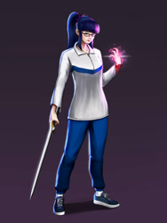 Size: 3000x4000 | Tagged: safe, artist:guyser3, imported from derpibooru, sci-twi, twilight sparkle, human, female, humanized, magic, shoes, smiling, sneakers, solo, student, sword, weapon