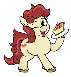 Size: 619x677 | Tagged: safe, artist:jargon scott, imported from derpibooru, oc, oc only, oc:cheesecake, earth pony, pony, body freckles, cake, cheesecake, female, food, freckles, looking at you, mare, one eye closed, open mouth, simple background, smiling, smiling at you, solo, unshorn fetlocks, white background, wink, winking at you